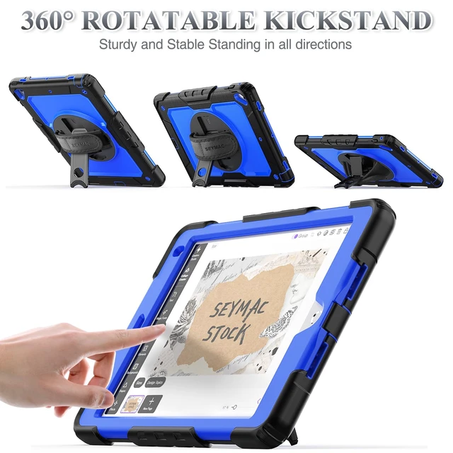 Alt view image 4 of 5 - SEYMAC stock Case for iPad 6th / 5th Generation Case/Air 2 / Pro 9.7 inch, Heavy Duty Protective with Screen Protector, with Pencil Holder, Hand Strap, Shoulder Strap, 360 Rotate Stand, Blue+Black
