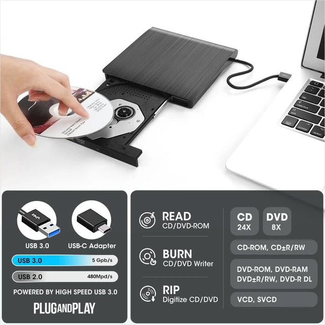 Alt view image 3 of 5 - ROOFULL External CD DVD Drive with Carrying Case for Laptop, USB 3.0 Type-C