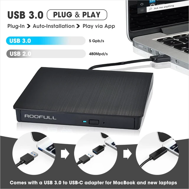 Alt view image 4 of 5 - ROOFULL External CD DVD Drive with Carrying Case for Laptop, USB 3.0 Type-C