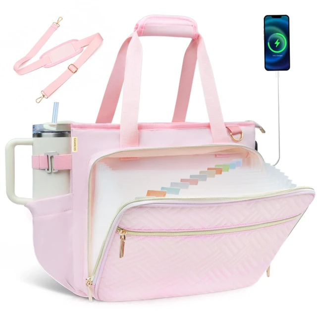 Main image of Sambois Women Teacher Tote Bag, 15.6 Inch Laptop Work Bag with Accordion File Pocket, USB Port & Large Cup Holder, Soft Nylon Office Utility Bag (Pink)