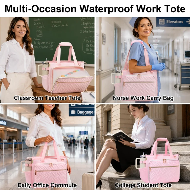 Alt view image 2 of 5 - Sambois Women Teacher Tote Bag, 15.6 Inch Laptop Work Bag with Accordion File Pocket, USB Port & Large Cup Holder, Soft Nylon Office Utility Bag (Pink)