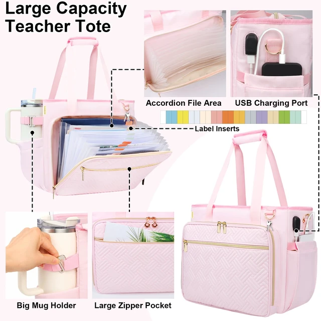 Alt view image 3 of 5 - Sambois Women Teacher Tote Bag, 15.6 Inch Laptop Work Bag with Accordion File Pocket, USB Port & Large Cup Holder, Soft Nylon Office Utility Bag (Pink)