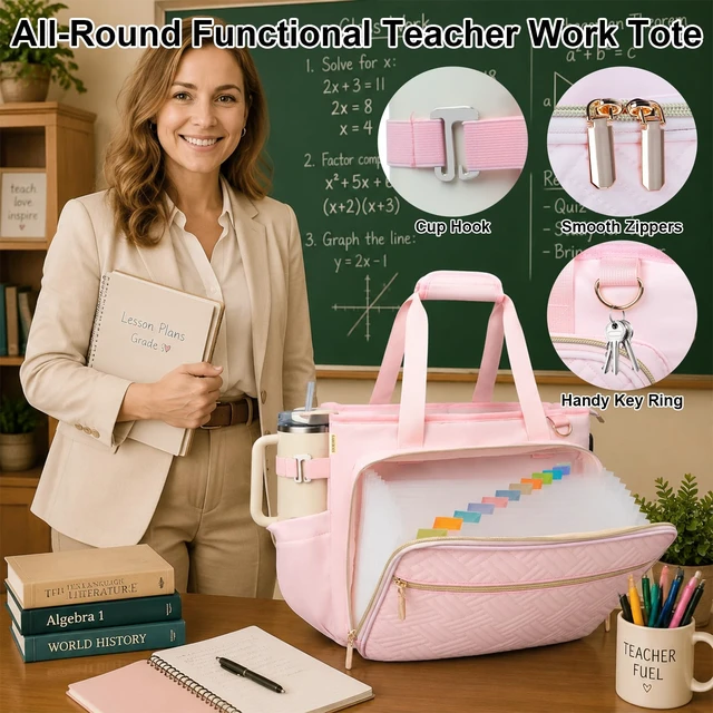 Alt view image 5 of 5 - Sambois Women Teacher Tote Bag, 15.6 Inch Laptop Work Bag with Accordion File Pocket, USB Port & Large Cup Holder, Soft Nylon Office Utility Bag (Pink)