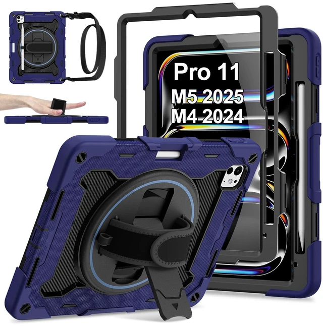 Main image of ROSROME iPad Pro 11 Inch Case M5 2025/M4 2024, Heavy Duty Shockproof Protective Case with Screen Protector, 360 Rotating Stand Hand Strap Shoulder Strap Kids Cover Apple Pencil Holder