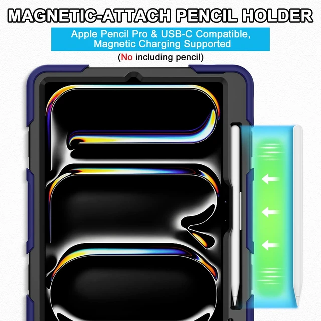 Alt view image 3 of 5 - ROSROME iPad Pro 11 Inch Case M5 2025/M4 2024, Heavy Duty Shockproof Protective Case with Screen Protector, 360 Rotating Stand Hand Strap Shoulder Strap Kids Cover Apple Pencil Holder