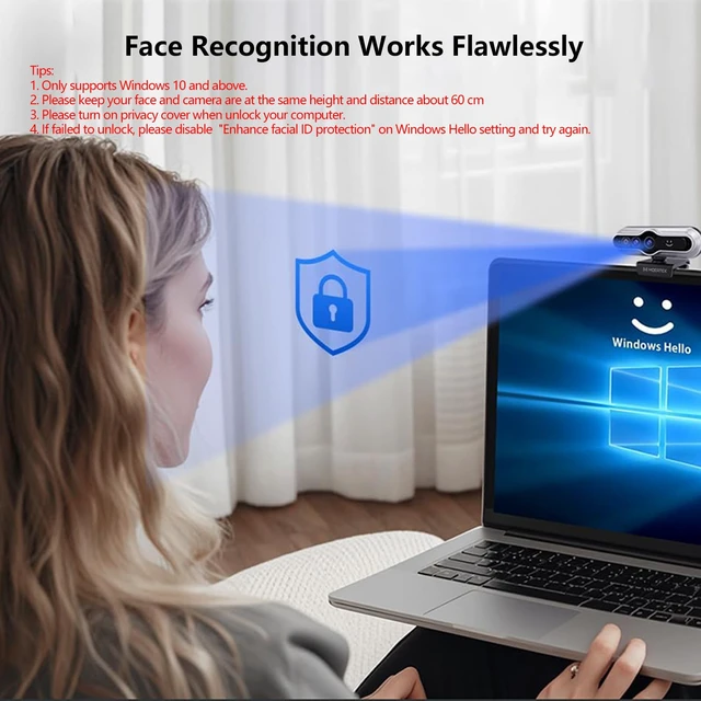 Alt view image 2 of 5 - MOERTEK 2K HD Webcam with Infrared Windows Hello Facial Recognition, Computer Camera, Privacy Cover, Noise Canceling Microphones, Laptop Webcam For Video Conferencing, Live, Streaming, Online Learning