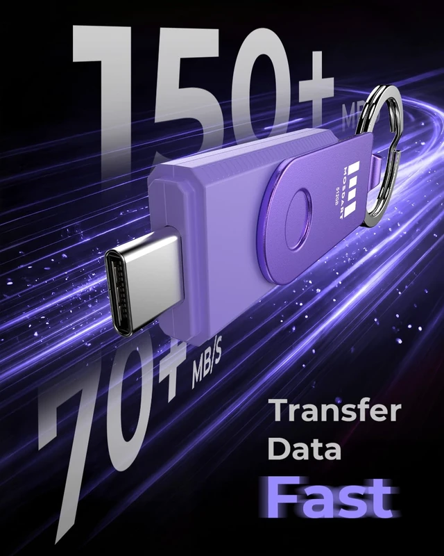 Alt view image 3 of 5 - MOSDART 512GB USB C & A 3.2 150MB/s Dual Flash Drive with Keychain, Purple