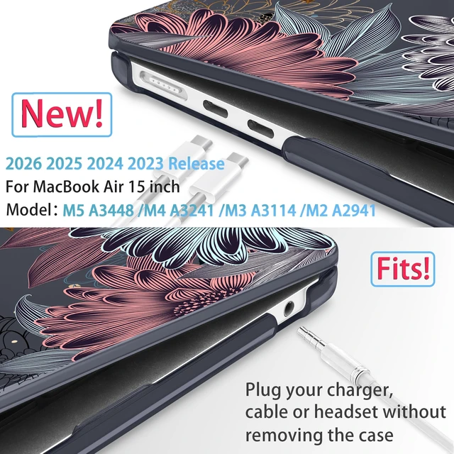 Alt view image 2 of 5 - Mektron for 2026/2025/2024/2023 MacBook Air 15 INCH M5 A3448 /M4 A3241 /M3 A3114 /M2 A2941 Case, Printed Plastic Hard Shell Cover with 15.3" Liquid Retina Display Touch ID, Blooming Chrysanthemums