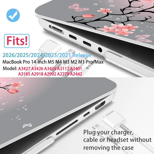 Alt view image 2 of 5 - Mektron Case for M5 MacBook Pro 14 inch 2025 A3434 A3112 Fit 2024-2021 M4 A3112 A3401 A3185 M3 A2918 A2992 M2 A2779 M1 A2442 Pro/Max, Hard Shell Cover for MacBook Pro 14", Butterfly Cherry Blossom