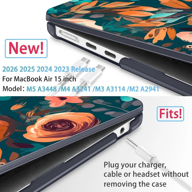 Alt view image 2 of 5 - Mektron for 2026/2025/2024/2023 MacBook Air 15 INCH M5 A3448 /M4 A3241 /M3 A3114 /M2 A2941 Case, Printed Plastic Hard Shell Cover with 15.3" Liquid Retina Display Touch ID, Abstract Florals