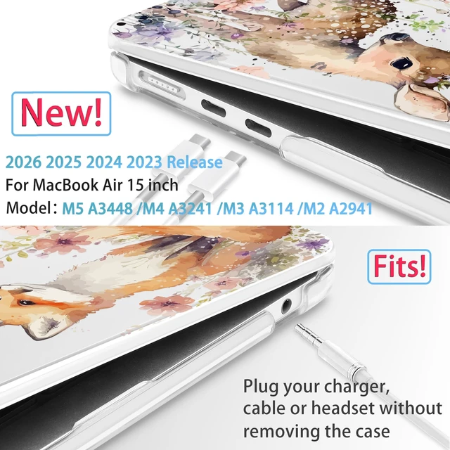Alt view image 2 of 5 - Mektron for 2026/2025/2024/2023 MacBook Air 15 INCH M5 A3448 /M4 A3241 /M3 A3114 /M2 A2941 Case, Printed Plastic Hard Shell Cover with 15.3" Liquid Retina Display Touch ID, Fox and Deer