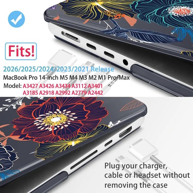 Alt view image 2 of 5 - Mektron Case for M5 MacBook Pro 14 inch 2026 Model A3427 A3426 Fit 2025-2021 Model A3434 A3112 M4 A3112 A3401 A3185 M3 A2918 A2992 M2 A2779 M1 A2442 Pro/Max Cover for MacBook Pro 14", Dahlia Flowers