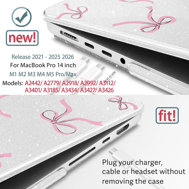 Alt view image 3 of 5 - May Chen for 2026 MacBook Pro 14-inch M5 M4 M3 M2 M1 Pro/Max Chip, Release 2026 2025-2021, Model A3427 A3426 A3434 A3112 .., Plastic Hard Shell with Keyboard Cover, Bow Clear Glitter