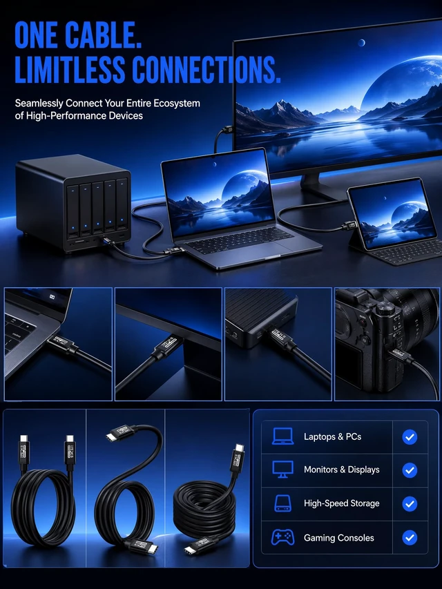 Alt view image 3 of 5 - USB C to C Cable 40FT,8K60HZ GEN2x2(Data usb2.0),USB TYPE C Video Output From USB3.2/ USB4.0 (NOT 100% Fast Charging) & Sync for Xreal MacBook Pro iPad Pro iPhone 15-16-17 Pro S22 Portable Monitor