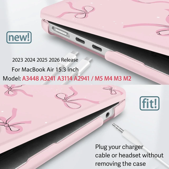 Alt view image 3 of 5 - May Chen for 2026 MacBook Air 15 inch Case A3448 M5 A3241 M4 A3114 M3 A2941 M2 2025 2024 2022, Plastic Hard Shell for MacBook Air 15.3" with Retina Dispaly Fits Touch ID, Chalk Pink Bow