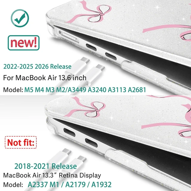 Alt view image 3 of 5 - May Chen Case for MacBook Air 13/13.6 inch M5 A3449 M4 A3240 M3 A3113 M2 A2681, 2026 2025 2024-2022, Plastic Hard Shell with Keyboard Cover & Screec Protector, Clear Glitter Bow