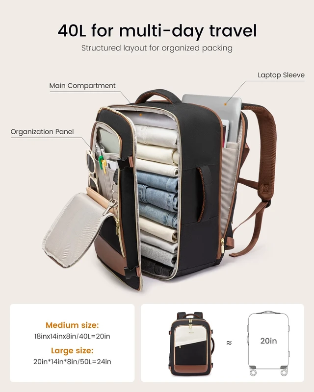 Alt view image 3 of 5 - LOVEVOOK 40L Travel Backpack for Women, Carry On Flight Approved, Large Personal Item Bag, Fits 17 Inch Laptop, TSA Approved Luggage with 3 Packing Cubes, Waterproof Weekender Gym Backpack