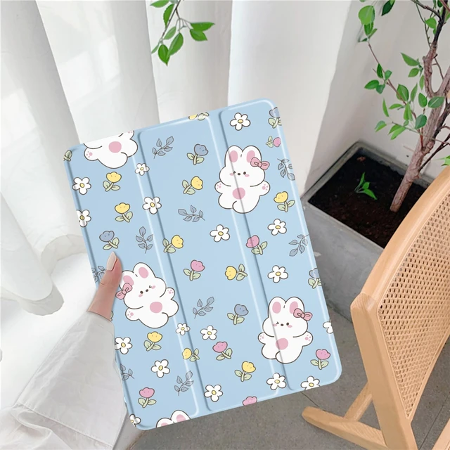 Alt view image 2 of 5 - Cute Bunny Flower for iPad mini 6 Case with Pencil Holder, Foldable Blue Leather Cover Case, Support Auto Sleep Wake