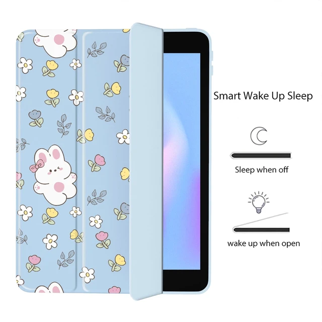 Alt view image 3 of 5 - Cute Bunny Flower for iPad mini 6 Case with Pencil Holder, Foldable Blue Leather Cover Case, Support Auto Sleep Wake