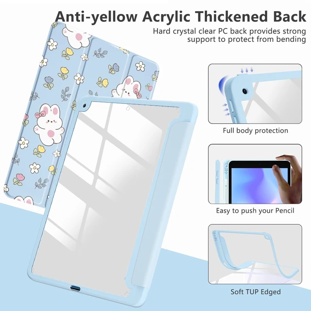 Alt view image 4 of 5 - Cute Bunny Flower for iPad mini 6 Case with Pencil Holder, Foldable Blue Leather Cover Case, Support Auto Sleep Wake