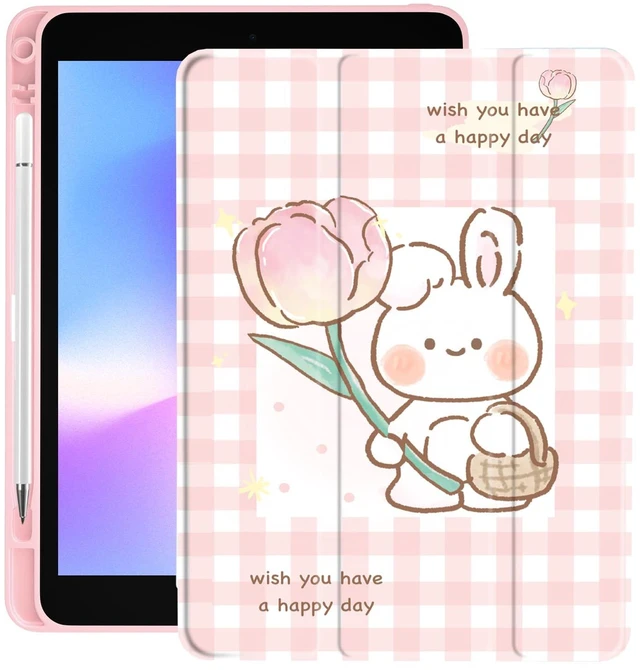 Main image of Cute Plaid Bunny for iPad mini 6 Case with Pencil Holder, Foldable Pink Leather Cover Case, Support Auto Sleep Wake