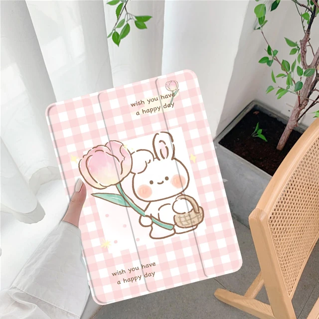 Alt view image 2 of 5 - Cute Plaid Bunny for iPad mini 6 Case with Pencil Holder, Foldable Pink Leather Cover Case, Support Auto Sleep Wake