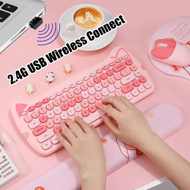 Alt view image 4 of 5 - Cute Cat 2.4G USB Wireless Keyboard and Mouse Combo, Silent Keys, Candy Colors, Compatible with Notebook, PC (Pink-84Keys)