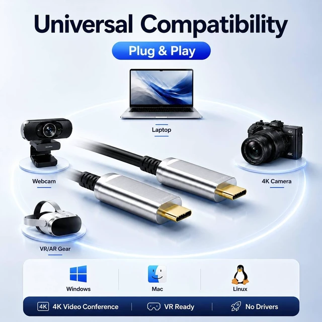 Alt view image 2 of 5 - DWLCWY Fiber Optic USB C Cable 50ft,10Gbps Active Optical USB-C Cable with EMI Shielding,Long-Distance Low-Latency for 4K Conference Cameras,Webcams