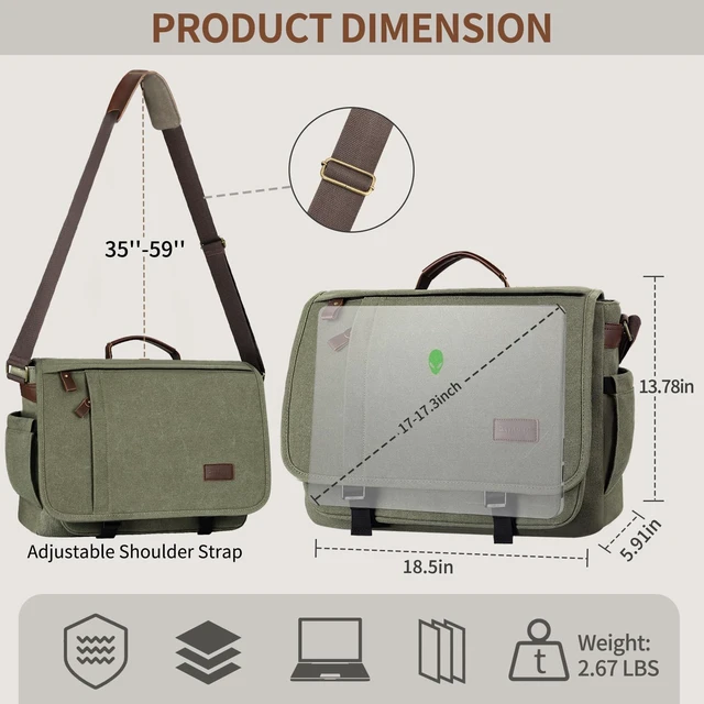 Alt view image 3 of 5 - ESTARER Men's Messenger Bag 17.3 Inch, Water-resistant Canvas Laptop Bag, Computer Shoulder Bag for College Travel Work, Army Green
