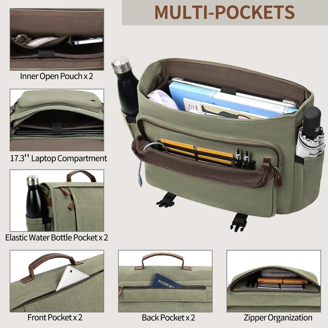 Alt view image 4 of 5 - ESTARER Men's Messenger Bag 17.3 Inch, Water-resistant Canvas Laptop Bag, Computer Shoulder Bag for College Travel Work, Army Green