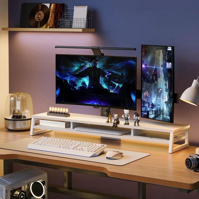 Alt view image 2 of 5 - Fenge Dual Monitor Riser for Desk, Open Shelf with 3 Storage Compartments