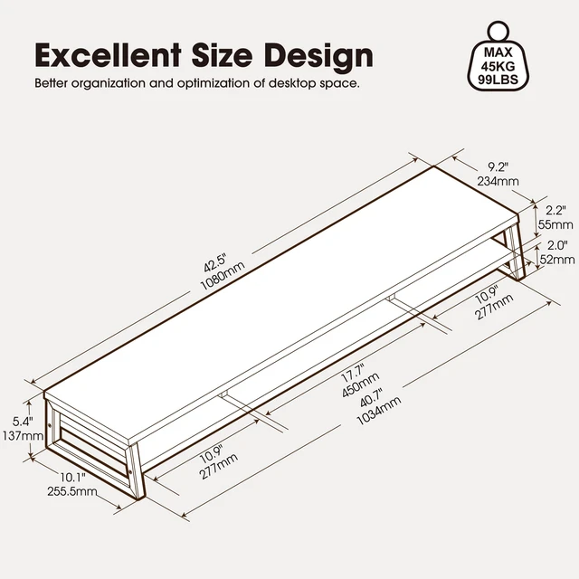 Alt view image 3 of 5 - Fenge Dual Monitor Riser for Desk, Open Shelf with 3 Storage Compartments