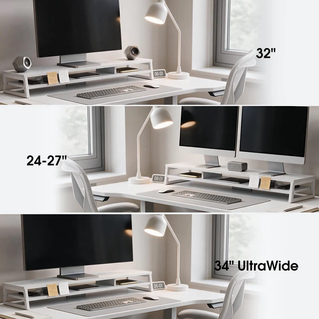 Alt view image 5 of 5 - Fenge Dual Monitor Riser for Desk, Open Shelf with 3 Storage Compartments