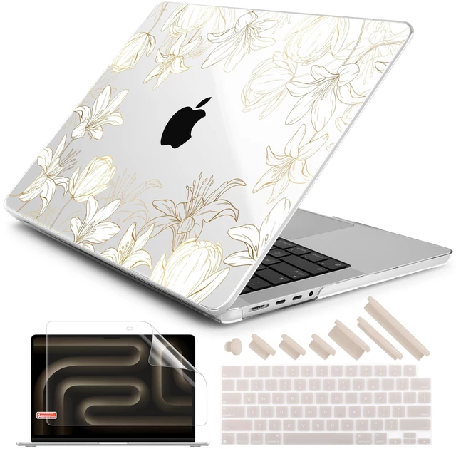 Main image of DONGKE Case for MacBook Pro 14 Inch (2026-2021 Release, M5 M4 M3 M2 M1 Pro/Max Chip), Plastic Slim Hard Shell Protective Cover with Keyboard Cover & Screen Protector, Golden Floral