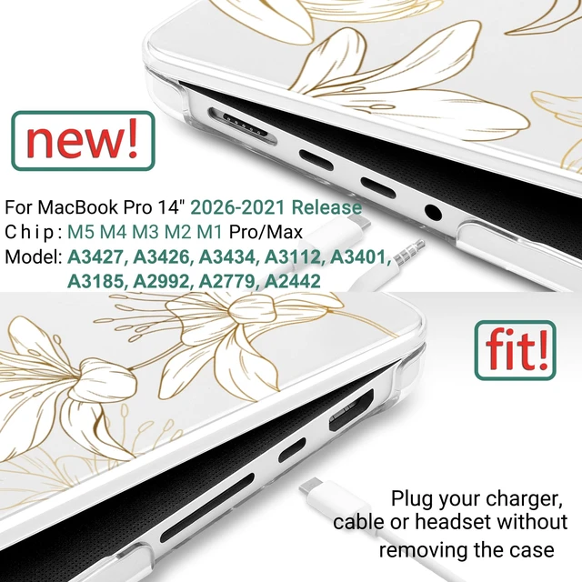 Alt view image 2 of 5 - DONGKE Case for MacBook Pro 14 Inch (2026-2021 Release, M5 M4 M3 M2 M1 Pro/Max Chip), Plastic Slim Hard Shell Protective Cover with Keyboard Cover & Screen Protector, Golden Floral