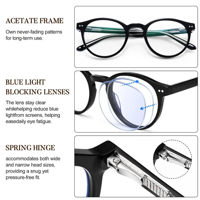 Alt view image 5 of 5 - Dollger Blue Light Blocking Glasses for Women Men Black Round Acetate Frame Computer Gaming Glasses Anti Glare Bluelight Eyeglasses for Eye Strain Relief