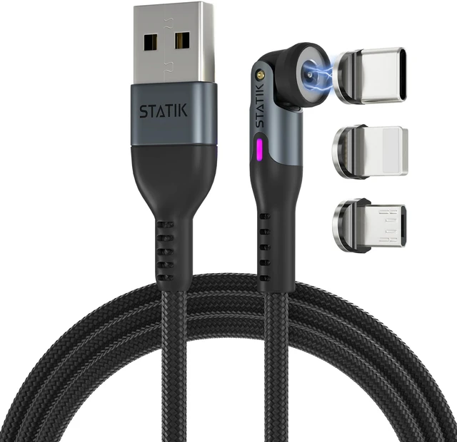Main image of Statik 360 Magnetic Charging Cable - Type C Charger 3 in 1 USB C to USB C Cable, Micro USB & iProduct Tips, USB A Adapter, Phone Charger Cord, Compatible with All Devices - Black 6FT/2M, 3 Pack