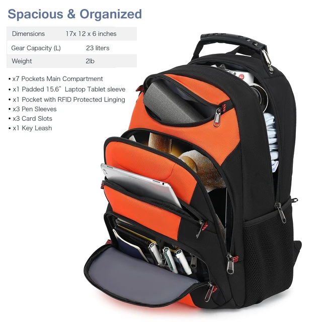 Alt view image 2 of 5 - Boavan Laptop Backpack for men, 15.6 inch Laptop Bag with USB Port, Waterproof Travel Work Backpack Purse, Anti-Theft Teacher Nurse Doctor Casual Bookbags Office Business backpackOrange Black