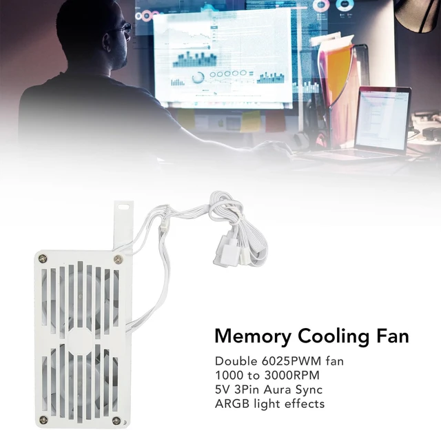 Alt view image 4 of 5 - Beufee Memory Cooling Fan, 3pin Pwm CPU Air Cooler Memory Radiators Double 6025pwm 1000 to 3000rpm 5v for DDR Ddr2 Ddr3 Ddr4 Ddr5(White)