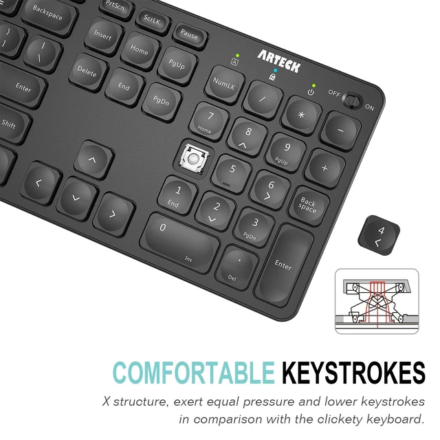Alt view image 3 of 5 - Arteck 2.4G Wireless Keyboard Ultra Slim Full Size Keyboard with Numeric Keypad and Media Hotkey for Computer/Desktop/PC/Laptop/Surface/Smart TV and Windows 10/8/ 7 Built-in Rechargeable Batter