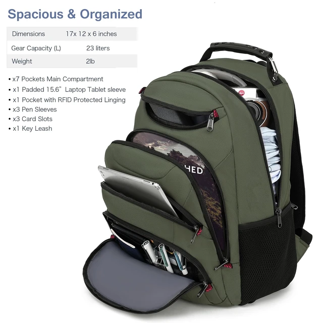 Alt view image 2 of 5 - Boavan Laptop Backpack for men, 15.6 inch Laptop Bag with USB Port, Waterproof Travel Work Backpack Purse, Anti-Theft Teacher Nurse Doctor Casual Bookbags Office Business backpack,Green