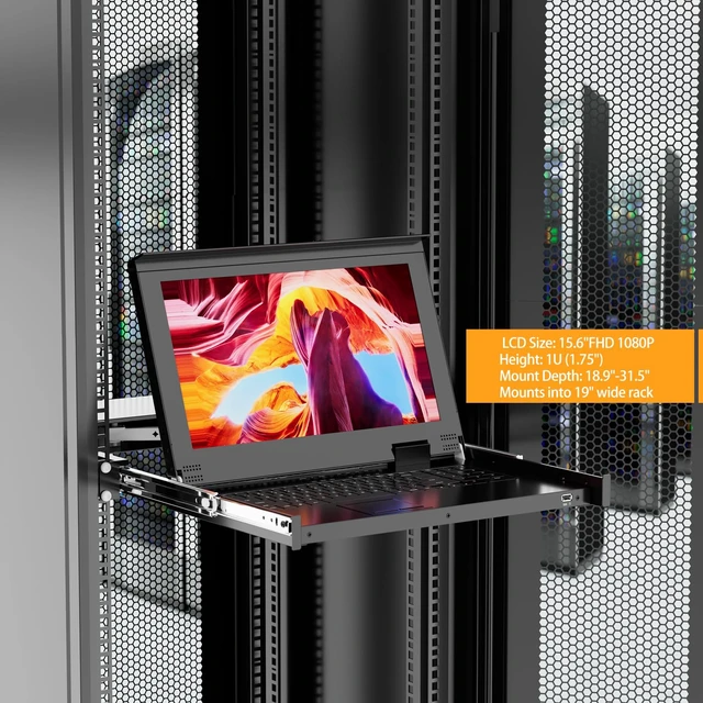 Alt view image 2 of 5 - Arvitek 15.6" LCD KVM Switch 8 Port VGA, Rack Mount KVM Console, Support Hot-key/OSD/Button Switch, Fits 1U 19" Server Rack w/1931.5" (480-800mm) Depth, Included 8 VGA KVM Cables