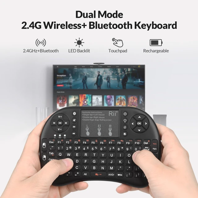 Alt view image 2 of 5 - Rii 2.4GHz Mini Wireless Keyboard with TouchpadQWERTY Keyboard, Backlit Portable with Remote Control for Laptop/PC/Tablets/Windows/Mac/TV/Xbox/PS3/Raspberry Pi .(Black)