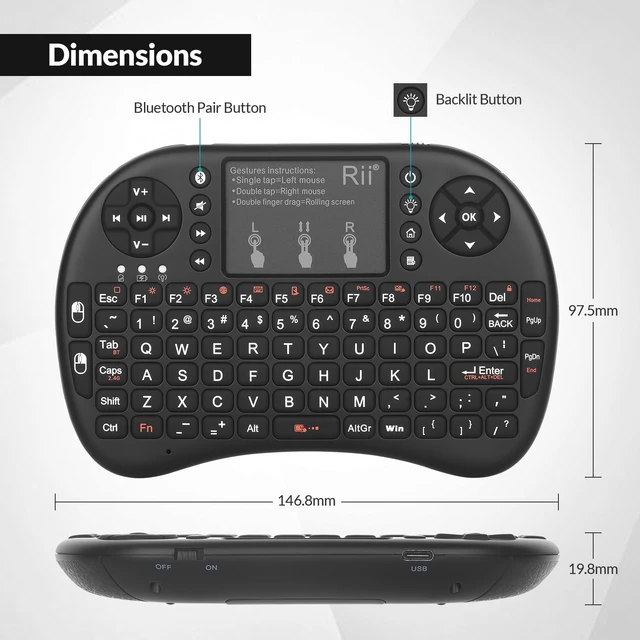 Alt view image 4 of 5 - Rii 2.4GHz Mini Wireless Keyboard with TouchpadQWERTY Keyboard, Backlit Portable with Remote Control for Laptop/PC/Tablets/Windows/Mac/TV/Xbox/PS3/Raspberry Pi .(Black)