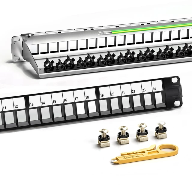 Main image of AMPCOM 24 Ports 1U Blank Keystone Patch Panel, 19 inch Rack or Wall Mount with Rear Cable Management Panel for Ethernet CAT5e/CAT6/CAT7, USB, HDMI