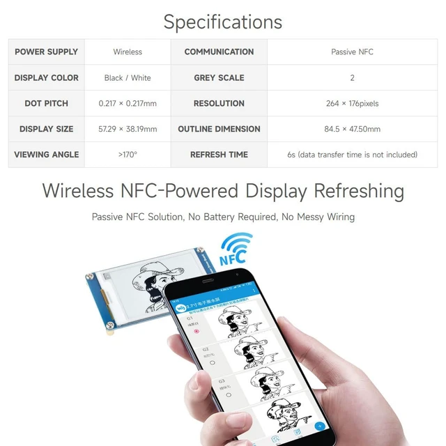 Alt view image 5 of 5 - waveshare 2.7inch Passive-Powered E-Paper Module, Novel Passive NFC Technology, No Battery Required, No More Battery Life Trouble, Black and White Display Colors