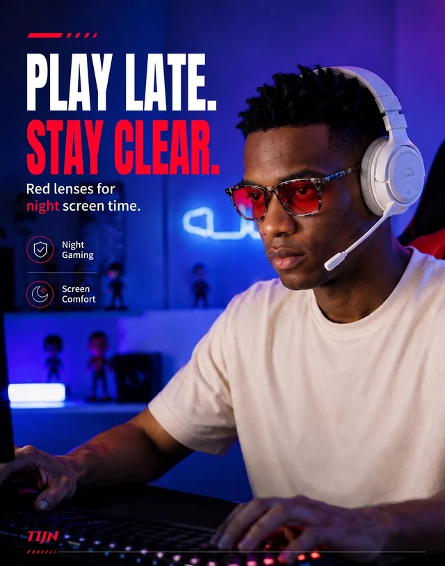Alt view image 2 of 5 - TIJN Blue Light Blocking Glasses, Square Frame, Red Lens, Spring Hinges