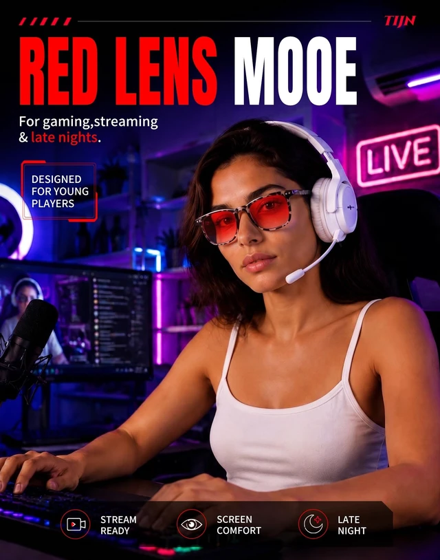 Alt view image 3 of 5 - TIJN Blue Light Blocking Glasses, Square Frame, Red Lens, Spring Hinges