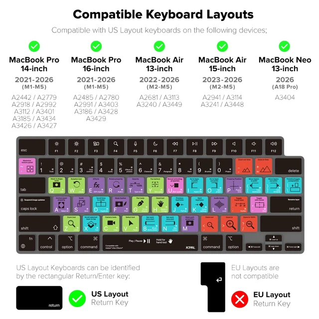 Alt view image 5 of 5 - JCPal Adobe After Effects Shortcut Guide Keyboard Cover for Apple MacBook