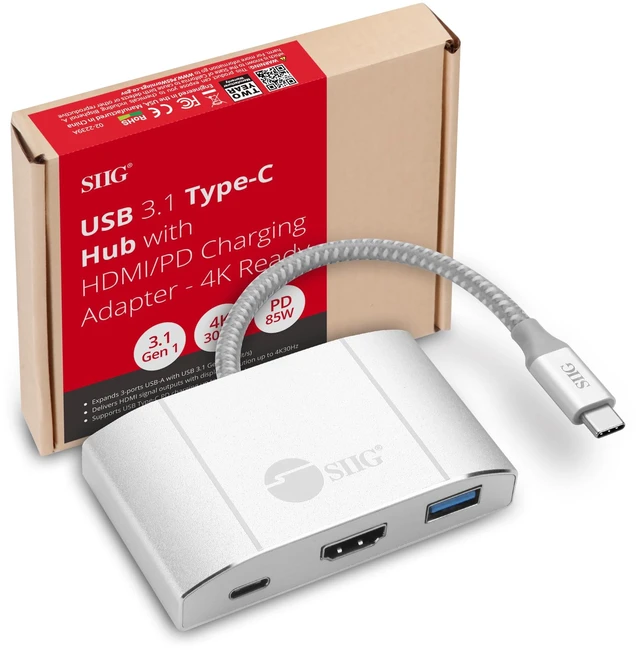 Main image of SIIG USB-C Hub with 4K 30hz HDMI, 85W Laptop Charging, and 3X USB 3.1 Gen 1 Type A Ports - 5-in-1 Video Adapter Docking Station - for MacBook Pro, Surface Pro 6/7 and USB-C Laptops (JU-H30612-S2)